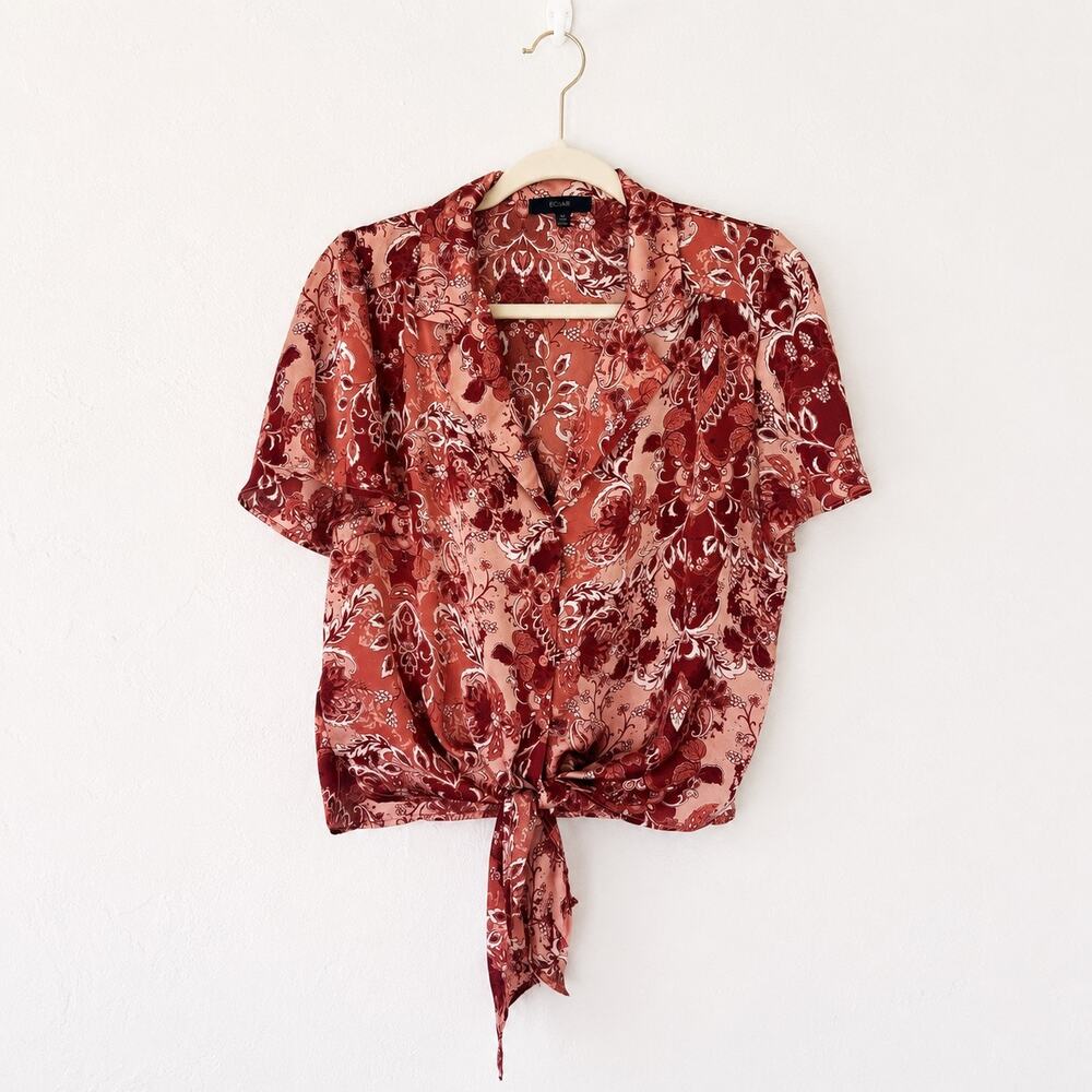 Eclair Rust Paisley Tie Front Blouse Desert Boho Western Resort 70s Scarf Print